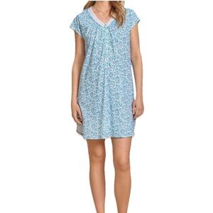 Eileen West Morning Meadow 100% Cotton Knit 36" Nightshirt Size 1X Blue & White